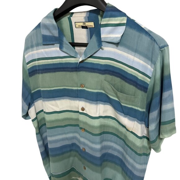 Tommy Bahama 100% Silk Button Up Men’s Shirt Size Large Short Sleeve Stripped - Picture 2 of 6